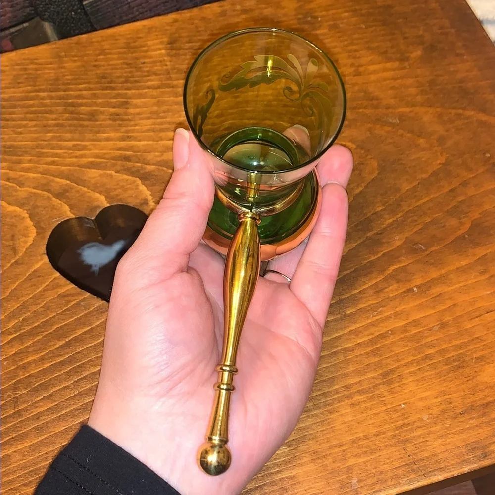 Vintage Bohemian Green Gold Glass Turkish Coffee Goblet Decanter Brass Handle